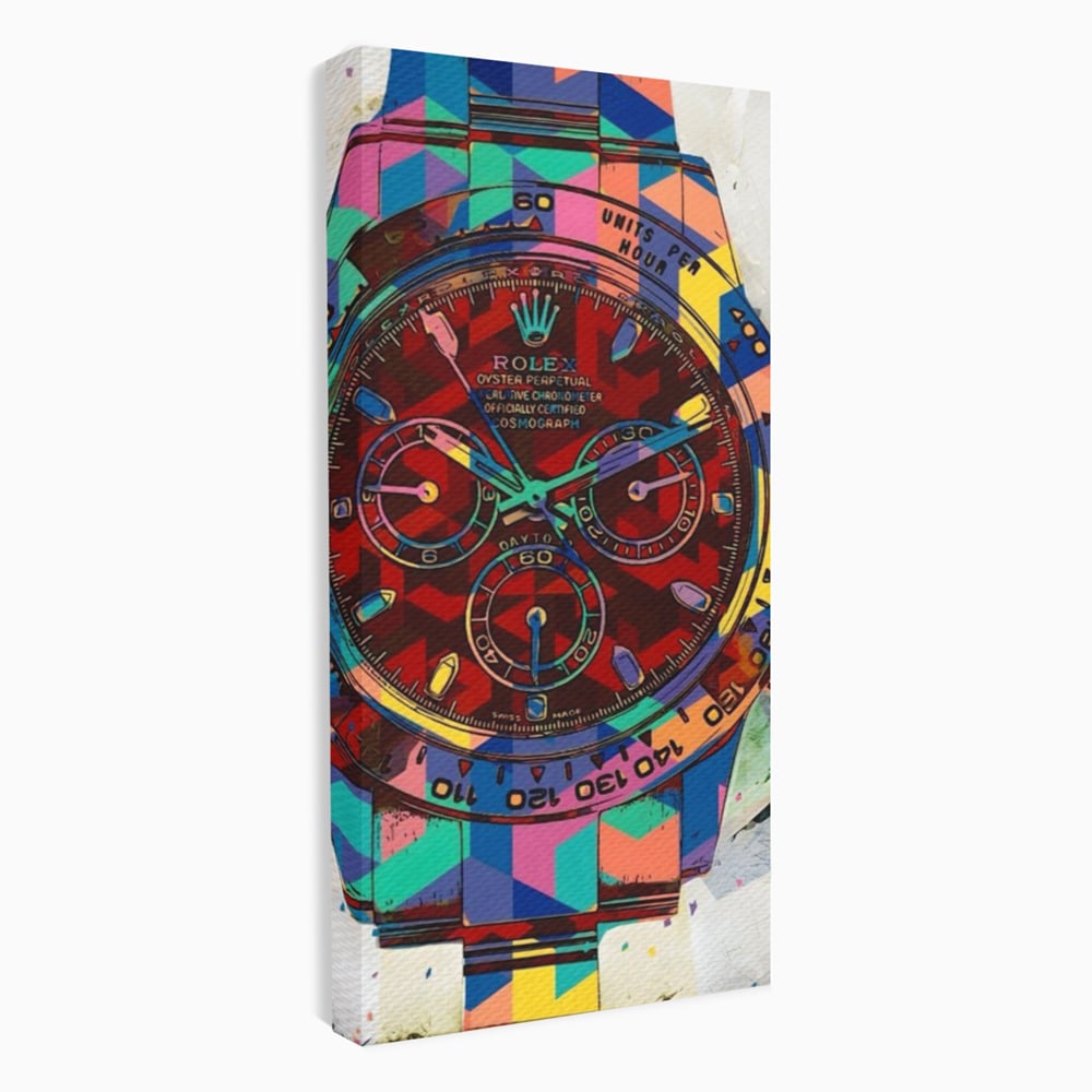Tablou canvas cu tablou canvas cu ceas colorat tip rolex, fara rama, pe sasiu de lemn